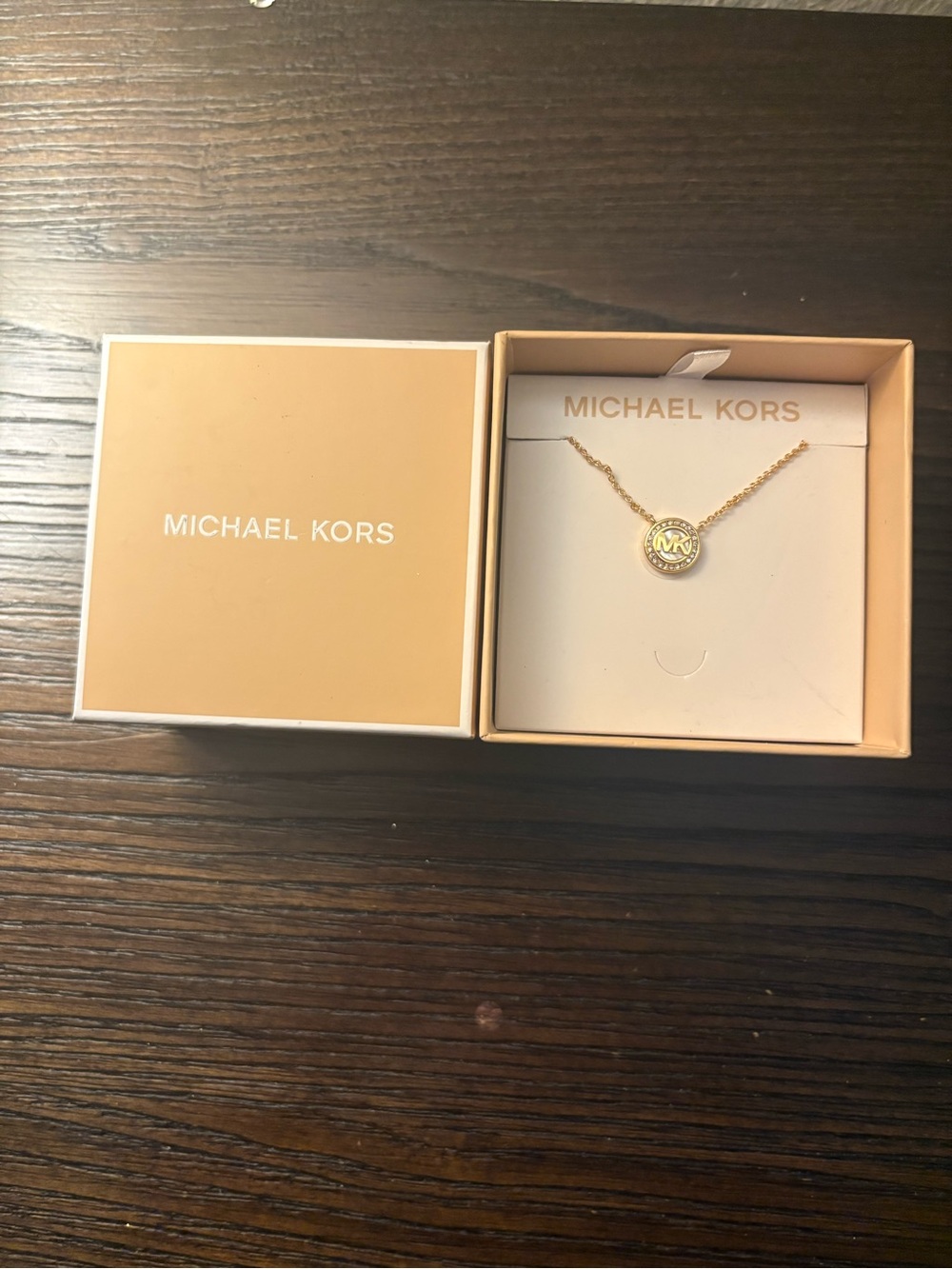 NEW Michael Kors Gold Tone MK Logo Pendant Necklace